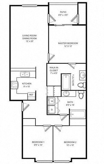 Floor plan for 3 beds, 2 baths, 1069 sqft